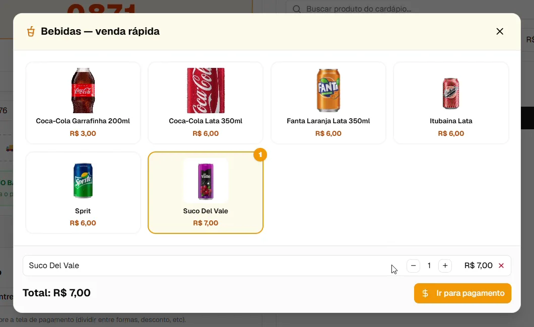 Bebidas — venda rápida.