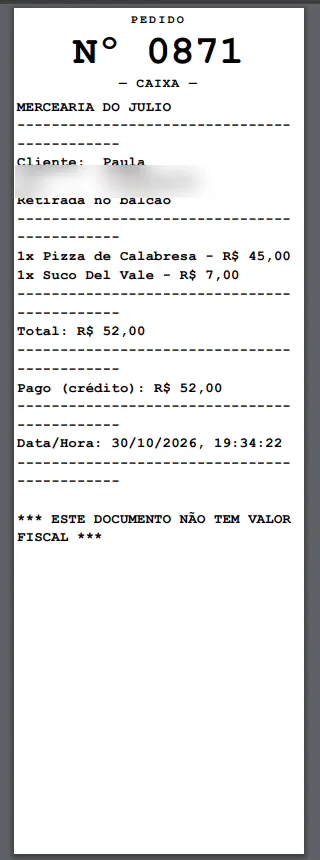 Cupom do pedido Nº 0871 (telefone oculto na imagem).