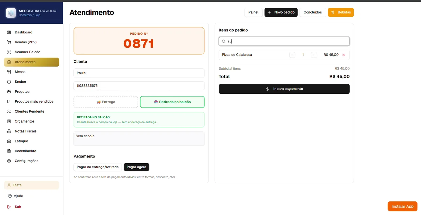 Novo pedido: número, cliente, entrega ou retirada e itens do pedido.