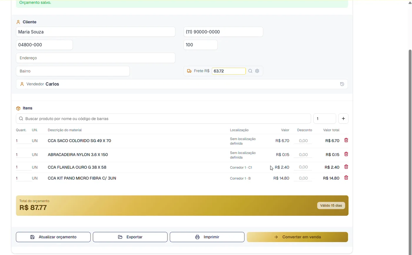 Tela de Orçamentos com cliente, itens, frete e total (dados de exemplo).