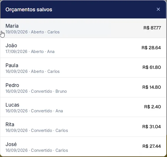 Lista de Orçamentos salvos (nomes de exemplo).