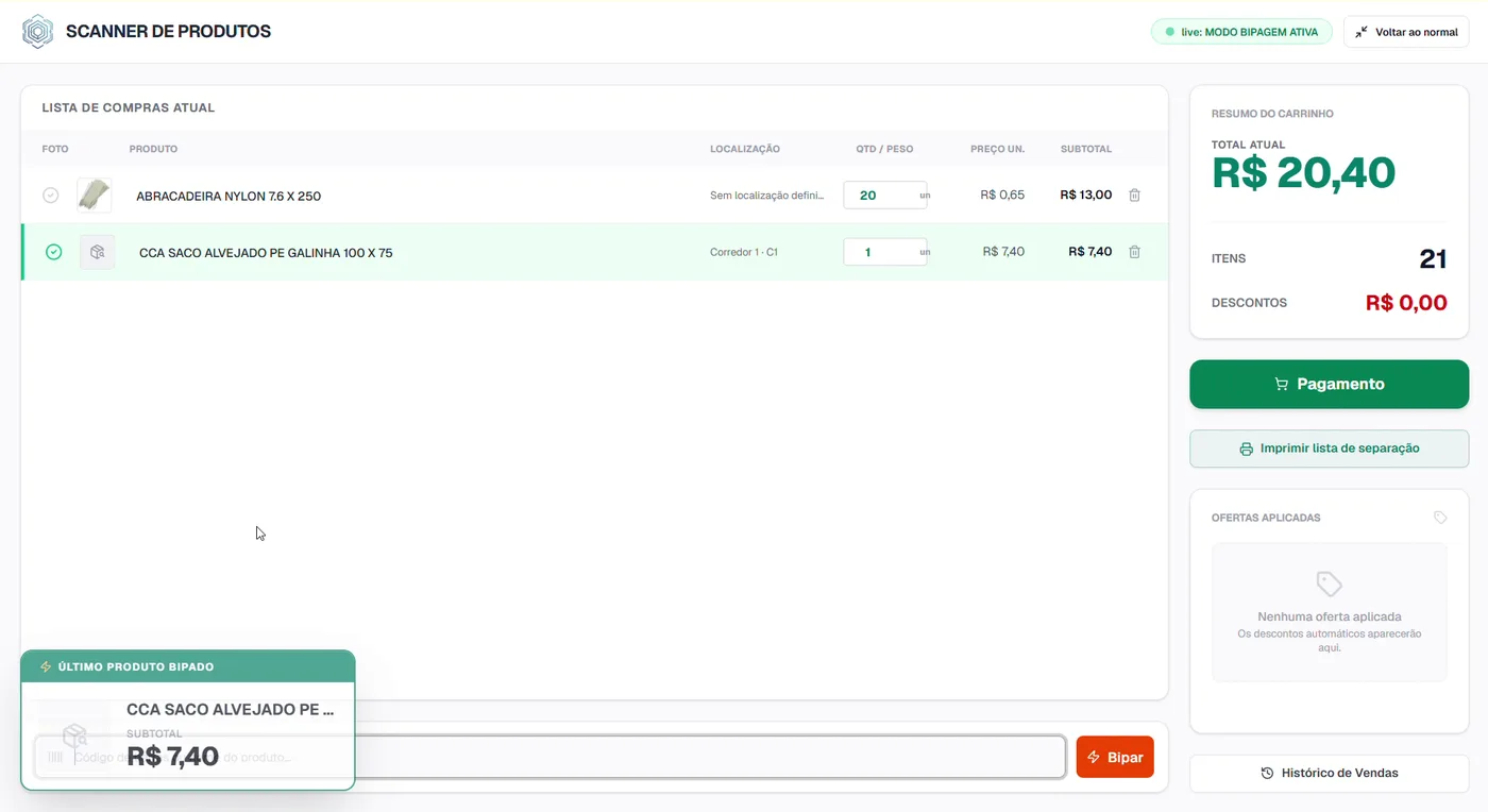 Scanner de Produtos: lista de compras, resumo do carrinho e botão Pagamento.